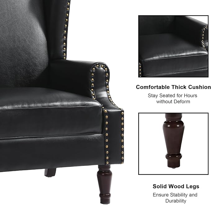 Floral High Back Accent Chair Upholstered Armchair with Solid Wood Legs Comfy Wingback Reading Single Sofa Chair for Small Spaces Living Room Bedroom(Leather Black Set of 2)