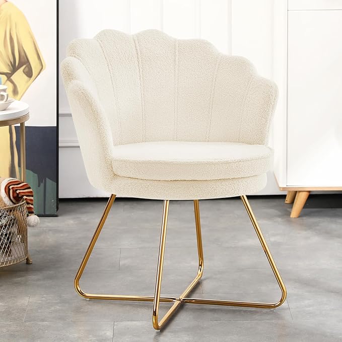 Furnimart Vanity Chair with Back Shell Accent Chair for Living Room Criss Cross Chair with Gold Legs Makeup Chair for Bedroom Desk Chair no Wheels Faux Fur White
