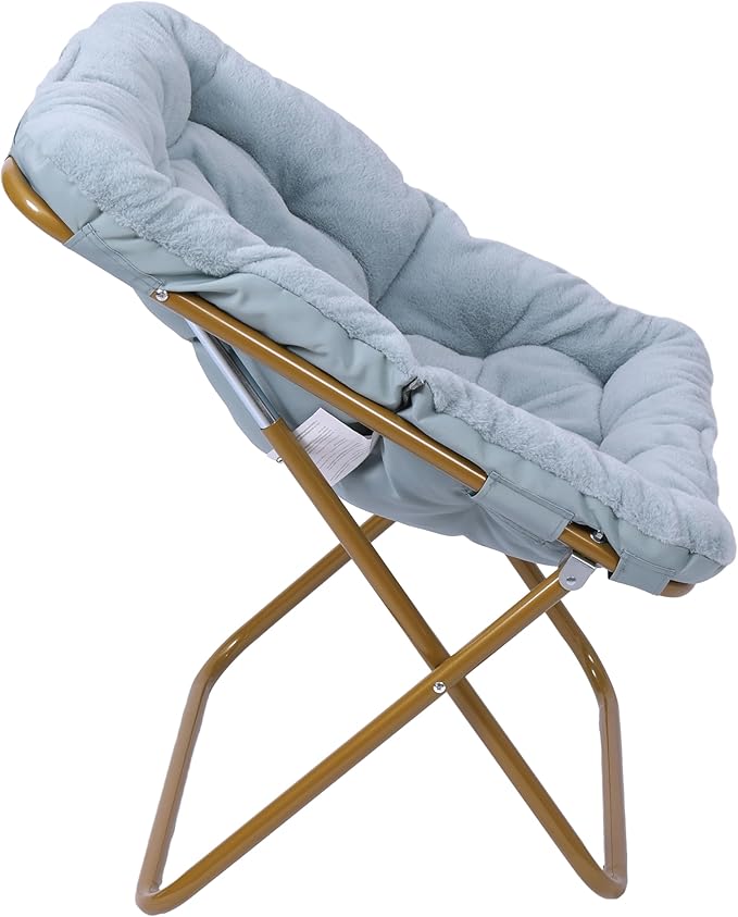 Flash Furniture Archer Saucer Chair with Folding Steel Frame Portable Oversized Saucer Chair for Dorm or Bedroom 28 Dusty Aqua Faux Fur/Soft Gold Frame