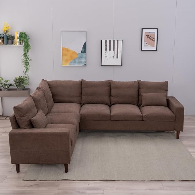 Panana 6 Seats Linen Fabric Large SECTIONAL Corner Sofa Settee - Sofa for Living Room-Left/Right-Hand Side Sofas Brown