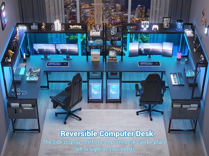 Aheaplus L Shaped Desk with Power Outlet L Shaped Gaming Desk with Led Light &amp Hutch Reversible Home Office Desk Corner Computer Desk Writing Desk with Monitor Stand &amp Storage Shelves Blac