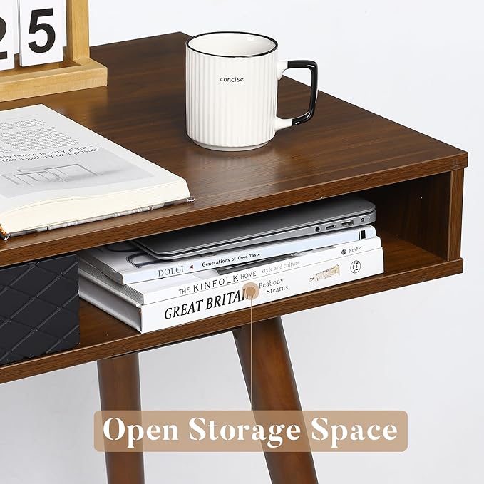 GAOMON Modern Simple Home Office Desk Mid Century Modern Computer Writing Desk with Drawer Solid Wood Legs and Open Storage Cubby Small Vanity Table Desk for Bedroom (Walnut)