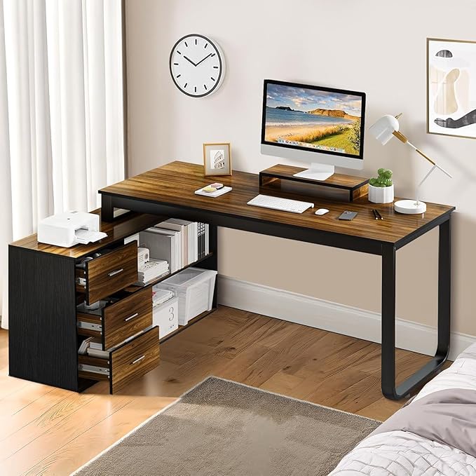 55 Inch L Shaped Desk with 3 Drawers Home Office Desk with Storage Shelves Computer Desk with Monitor Stand Black