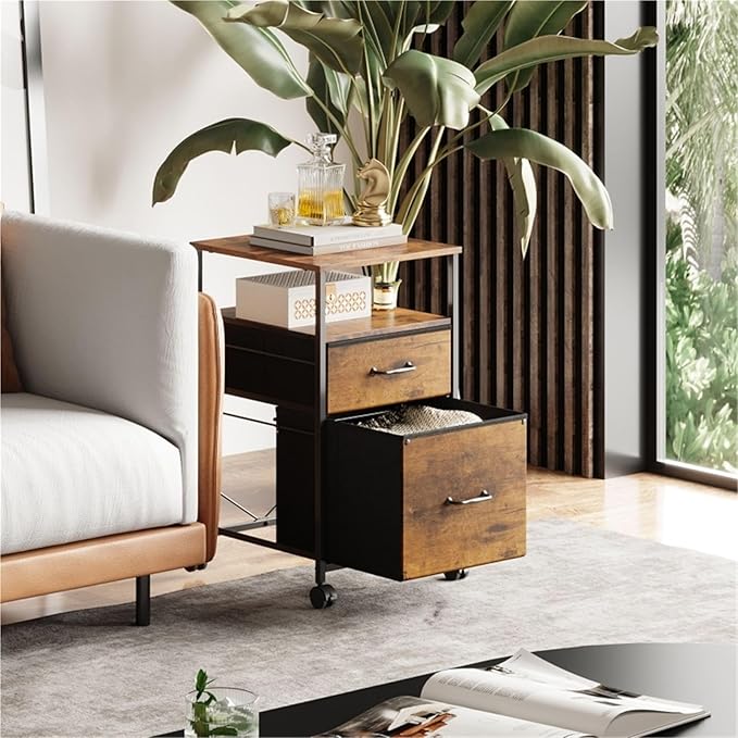Mobile File Cabinet 2 Drawer Mobile Filing Cabinet with Open Storage Shelf Rolling Printer Stand for Home Office A4 Letter Size Storage