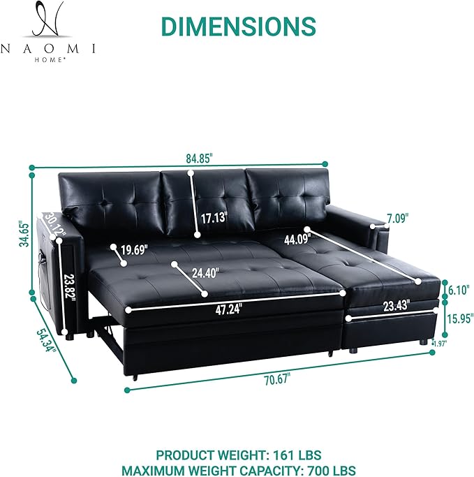 Naomi Home Lily Sectional Sleeper Sofa with USB Ports-L-Shaped Couch Convertible Pull-Out Bed Ample StorageTimeless DesignSturdy ConstructionLong-Lasting for Modern Living - Black Air Leather