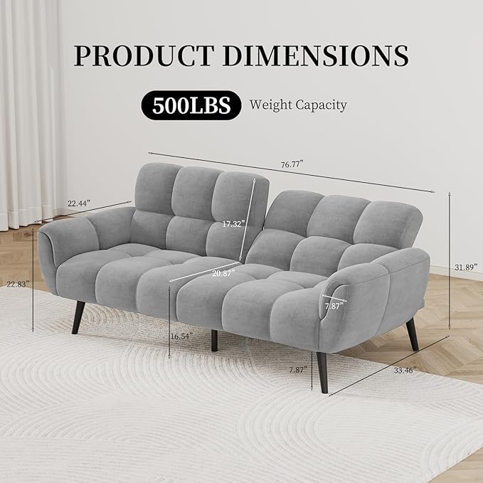 Convertible Futon Sofa Bed 76.77 Modern Linen Futon Couch Comfy Sleeper Sofa with Adjustable Backrests Couch Bed for Small Spaces Living Room Bedroom Apartment Grey