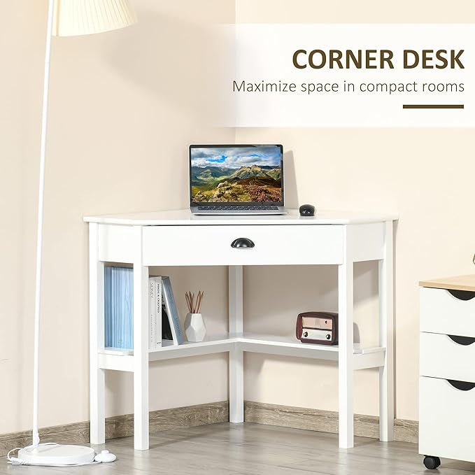 Corner Desk Triangle Computer Desk with Drawer and Storage Shelves for Small Spaces Home Office Workstation for Living Room or Bedroom White