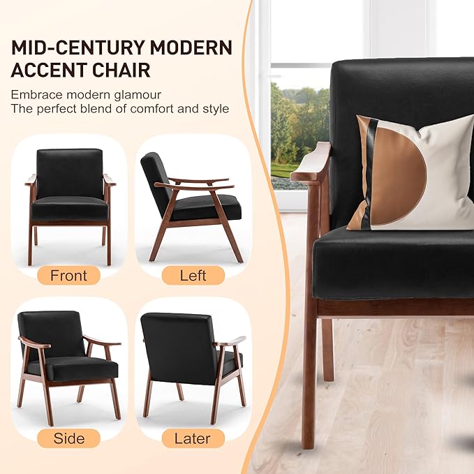 Accent Chair Mid Century Modern Chairs for Living Room Upholstered Comfy Armchair Bedroom Side Arm Chair with Rubber Wood Comfort Cushion and Wide Sitting