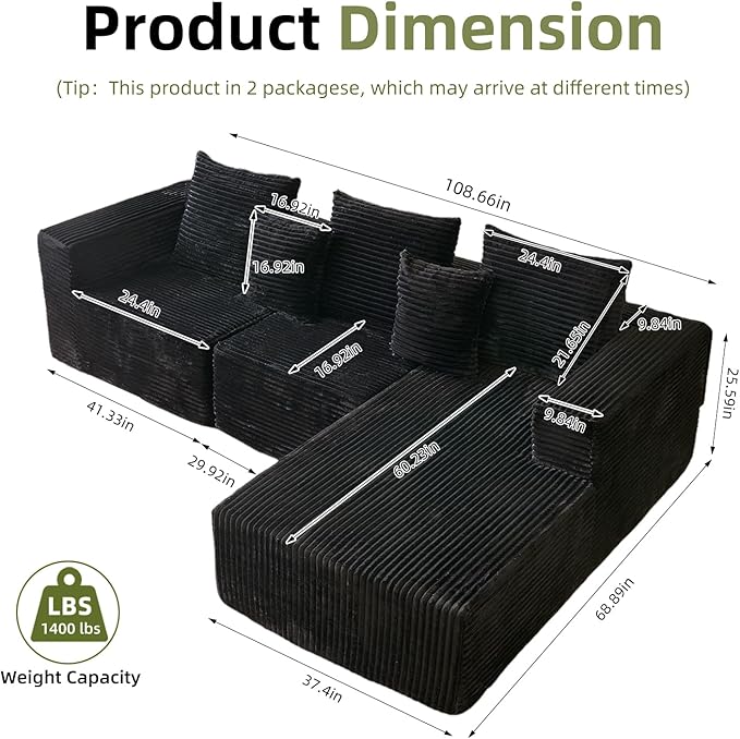 108'' Boneless Couch Sectional Boneless Couch w/Deep Seat Cloud Boneless Couches w/Stripe&amp Flannel Fabrics Boneless L Shaped Couches for Living Room Right Facing Chaise Black