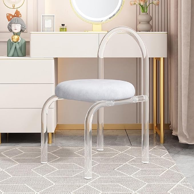 Modern Minimalist Acrylic Chair Clear Vanity Stool with Back and Cushion Small Accent Chair for Makeup Room Living Room Dining Room