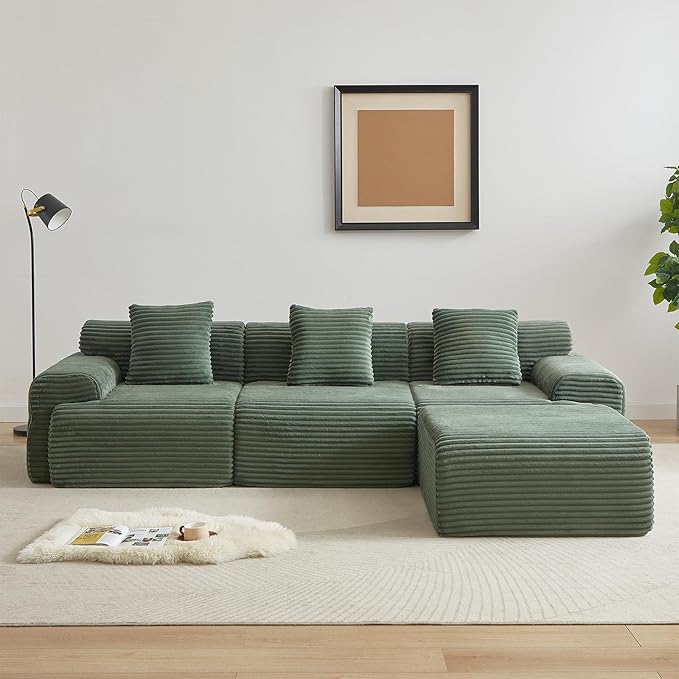 114-inch Oversized Modular Sectional Sofa Fluffy Boneless Compressed Memory Foam Corduroy Couch Comfy Modern L Shaped Couches with Ottoman &amp Pillows for Living Room Apartment Bedroom Green