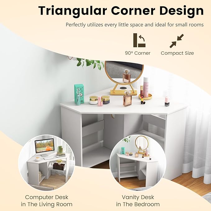 HOMGX Corner Computer Desk Triangle Desk with Storage Shelves Small Corner Desk for Small Spaces Corner Vanity Desk for Home Bedroom Living Room Office (White)