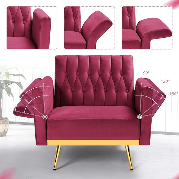 Velvet Accent Chair with Adjustable Armrests and Backrest Button Tufted Lounge Chair Single Recliner Armchair with Ottoman and Pillow for Living Room Bedroom Fuchsia