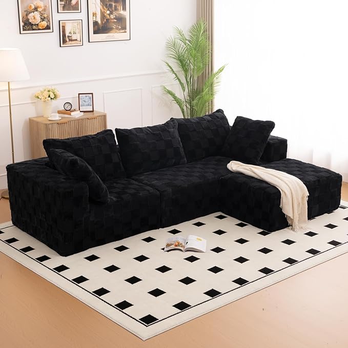 Modular Sectional Sofa 108 L-Shaped Boneless Couch with Deep Seat Corduroy Cloud Couch for Living Room Bedroom No Assembly Required Ship in a Box Checkered Black