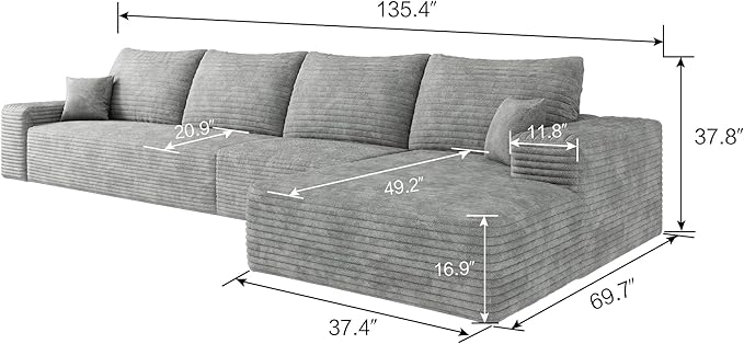 135 Corduroy Couch Sectional with Chaise L Shape Boneless Cloud Couches for Living Room Bedroom Fluffy Deep Seat Compression Sofa Modular Corner Couch No Assembly Right Facing Chaise Grey