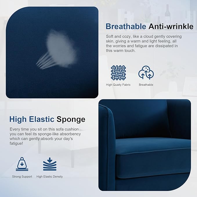 Blue Velvet Accent Chairs Set of 2 Modern Upholstered Accent Chair Comfy Velvet Armchair with Thick Cushion and Wood Frame Single Sofa/Side Chair for LivingRoom Bedroom Nursery Office