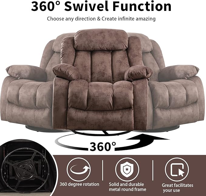 CANMOV Massage Rocker Recliner with Heat and Vibration 360 Degree Swivel Manual Antiskid Fabric Single Sofa Heavy Duty Reclining Chair for Living Room Dark Brown