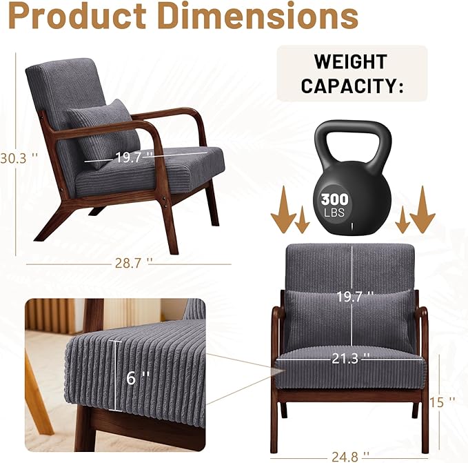 Furniliving Wooden Accent Chairs Set of 2 for Living Room Upholstered Reading Chair with Sturdy Wood FrameCorduroy Lounge Armchairs for Bedroom Indoor &amp Outdoor Patio Furniture Walnut Darkgre
