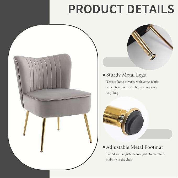 KCC Modern Velvet Upholstered Accent Chair Set of 4Mid Century Living Room Chairs with Golden LegsComfy Armless Chair Wingback Single Sofa Side Chair for BedroomLight Gray