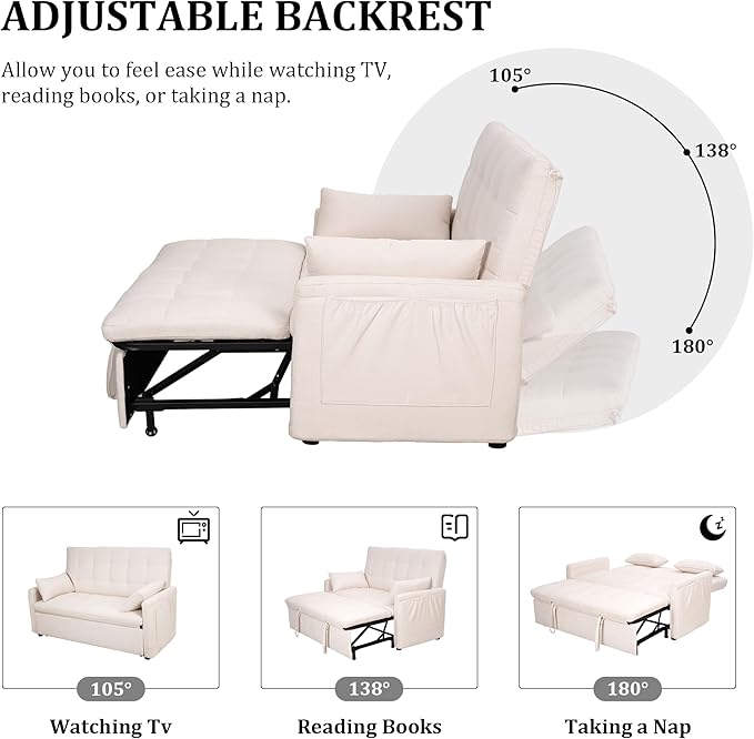 Oversized 3-in-1 Convertible Sleeper Sofa Bed Futon Couch with Pullout Bed 2-Seater Loveseat Sofa w/Pockets Adjustable Backrest and Pillows for Living Room Apartment (White-Button Tufted)