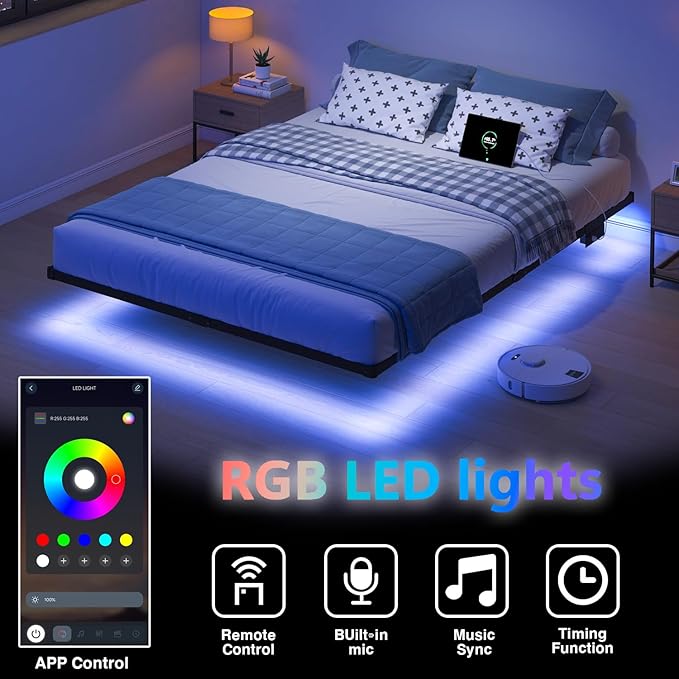 King Size Floating Bed Frame with LED Lights and Charging Station - 10 inch Platform Bed Frame No Box Spring Needed Easy Assembly