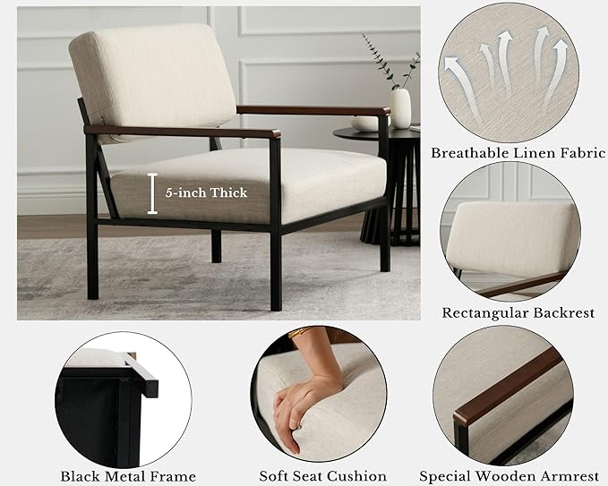 Mid Century Modern Beige Accent Chairs Set of 2 Comfy Arm Chairs with Black Metal Frame Soft Linen Fabric Upholstered Armchairs Living Room Chairs Lounge Chairs Reading Chairs for Bedroom/Office