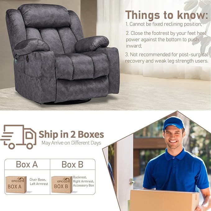 Swivel Rocker Recliner Chair with Heat and Massage Manual Glider Rocking Reclining Chair 360° Swivel Overstuffed Lounge Chair with 2 Cup Holders Side Pockets &amp USB Ports Fabric Grey