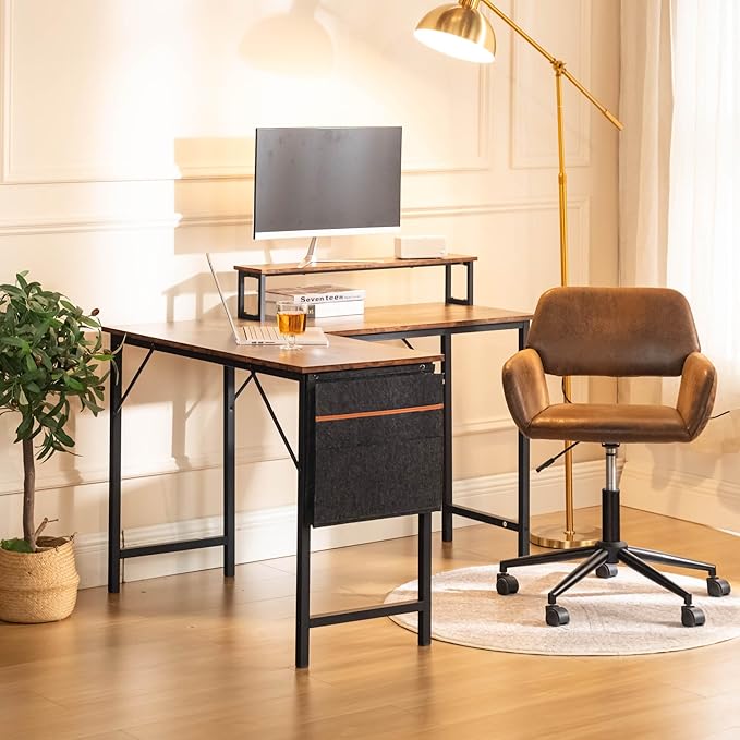 Homy Casa 48.8-Inch L-Shaped Computer Desk with Storage Bag and Desktop Rack – Durable Metal Frame Ample Storage Ideal for Home Office or Studio Use (Brown)