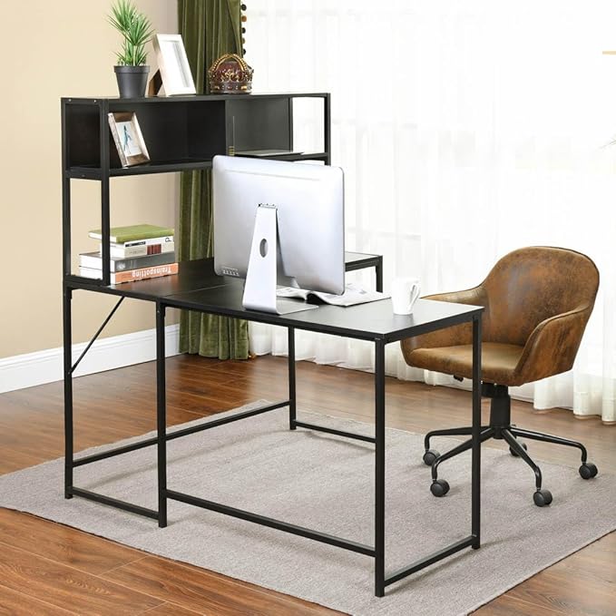 Industrial L-Shaped Desk with Hutch Reversible Corner Computer Desk with Storage Shelves Home Office Study Writing Desk Computer Workstation with Storage Bookshelf Black
