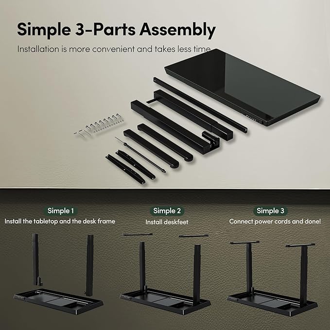 FEZIBO 55 × 24 Electric Standing Desk with Drawers Whole-Piece Glass Adjustable Height Desk One-Piece Quick Install Adjustable Sit Stand Desk Black