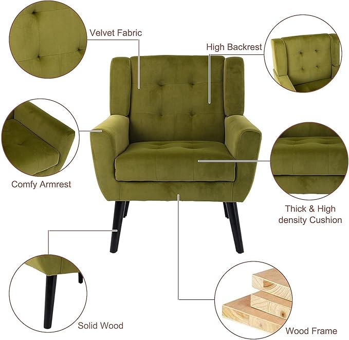 SSLine Velvet Accent Arm ChairSolid Wood Frame Modern Upholstered Wingback Single Sofa Armchair Club Chair with Metal Legs Thick Cushion for Living Room Bedroom (Green)