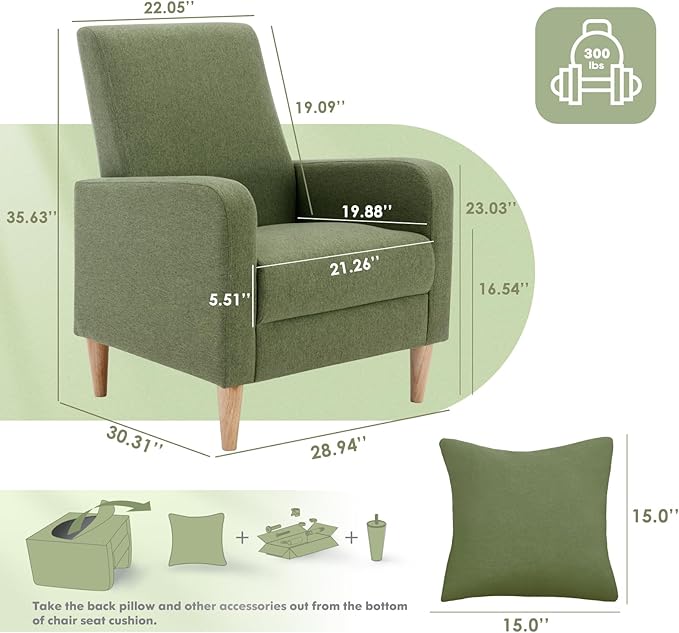COLAMY Mid-Century Modern Upholstered Accent Chair with Back Pillow &amp Solid Wood Legs Fabric Cozy Armchair for Living Room Bedroom Reading Nook Apartment &amp Small Spaces Green