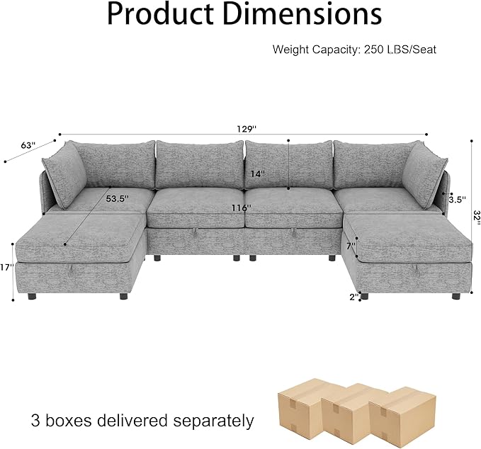 129” Modular Sectional Sofa Convertible 6 Person U Shaped Couch with Storage 2 Removable Ottomans &amp Deep Seats Memory Foam Comfy Modular Couch for Living Room (Grey 6 Seat)