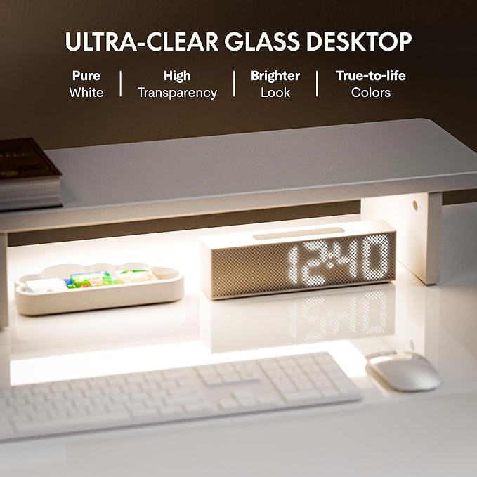 FLEXISPOT Comhar Electric Pure Glass Standing Desk with Drawer Desktop &amp USB Charge Ports 48 Ergonomic Height Adjustable Sit to Stand Desk for Home Office (White Glass)