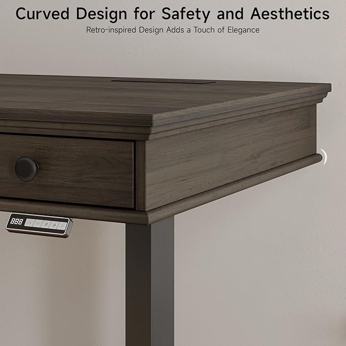 ONBRILL Standing Desk with Drawers 55 x 23 Inch Electric Height Adjustable Desk with Storage &amp Outlets for Computer Workstation Home Office Retro Curved Table Corner Design Dark Walnut