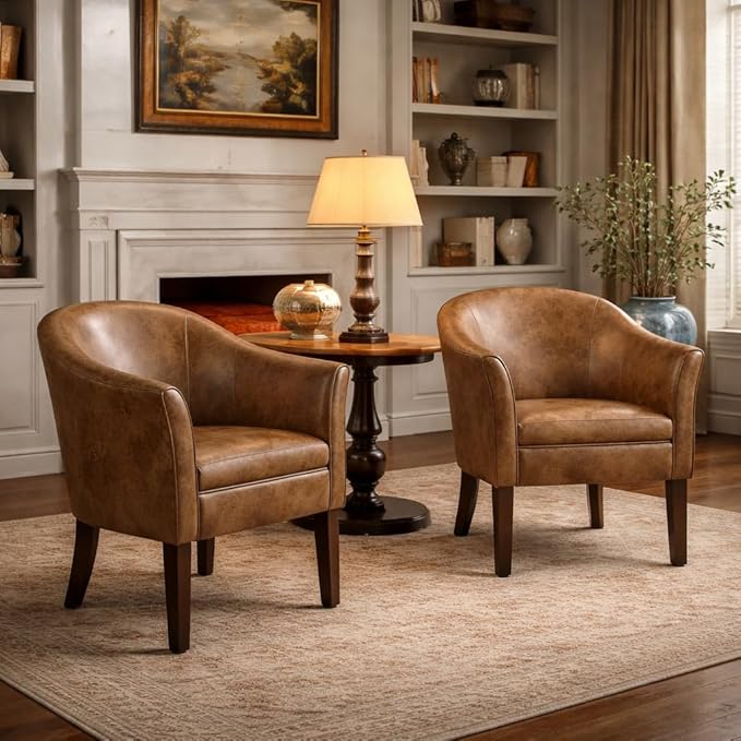 HomePop Modern Barrel Accent Chair Distressed Brown Faux Leather