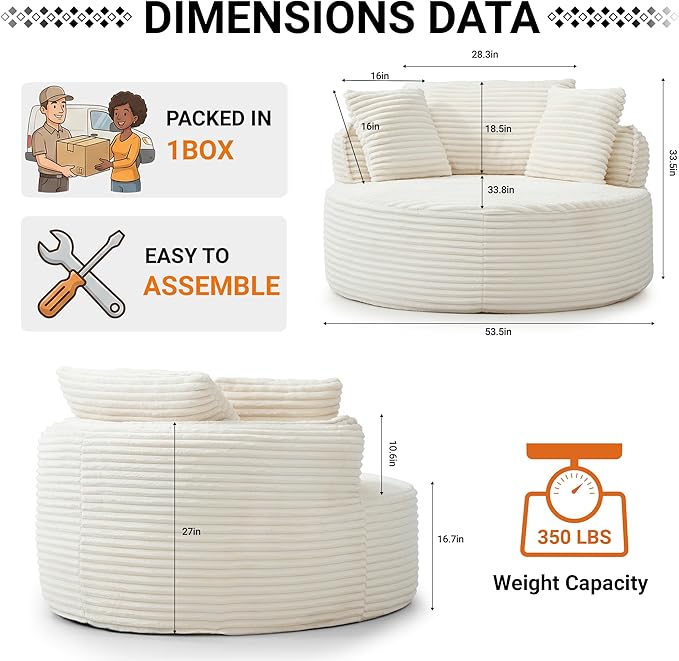 54-inch Oversized Round Chaise Longue Chair Indoor Modern Upholstered Corduroy Deep Seat Circle Cloud Chair Single Boneless Reading Chair for Living Room Bedroom Apartment Camel