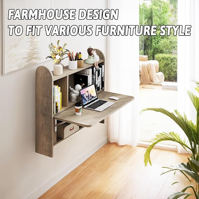 Wall Mounted Drop-Leaf Table Floating Laptop Desk Folding Table with Shelves Multifunctional Computer Workstation with Storage Compartments in Home Office for Space Saving (Rustic Oak)