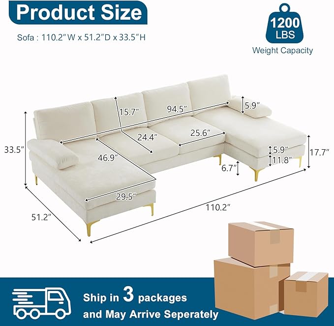VINGLI 110 Large U-Shape Sectional Sofa Couch with 51 D Double Chaise for Living Room Modern Sectional Couch Set with Soft 5.9 Thickness Seating Padding Chenille FabricMetal Gold Legs(Beige)