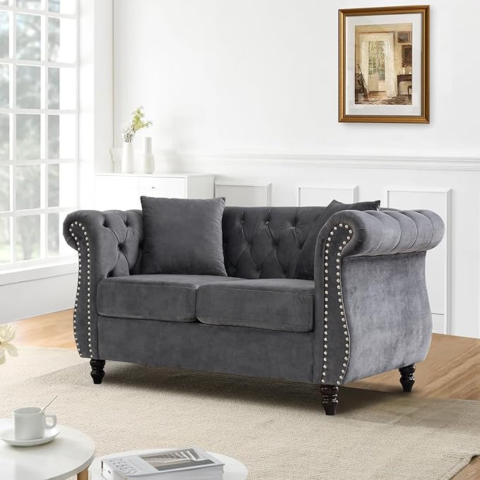Chesterfield Sofa58 Button Tufted Velvet Couch with Rolled Arms&ampNailhead TrimComfy 2 Seater Loveseat SofaOversize Mid Century Modern Couch for Living RoomBedroomApartmentOffice(Grey)