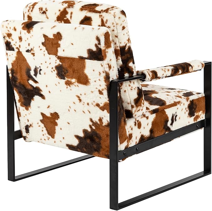 GIA Mid Century Modern Accent Chair Upholstered in Faux Fur Armchair with Black Metal Basefor Living Room Bedroom Home Office Set of 2 Brown Cow Print