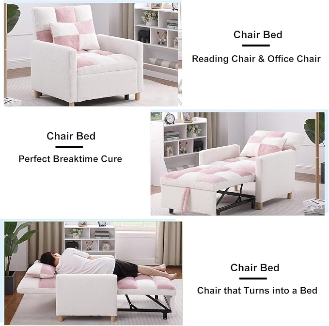 3-in-1 Sleeper Chair Bed for Living RoomConvertible Pull Out Chair Bed with Adjustable BackrestMulti-Functional Sofa Bed for Living Room (Pink)