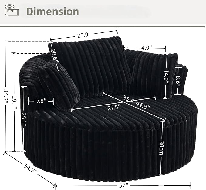 Oversized Upholstered Chaise Lounge Chair Indoor Corduroy Deep Seat Accent Chair Plush Boneless Barrel Sofa Chair for Living Room Bedroom Apartment (Black 57 Inch)