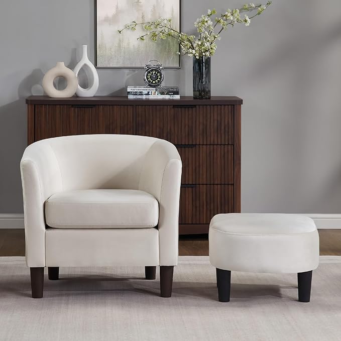 Velvet Accent Chair with Ottoman Modern Barrel Armchair Plush Lounge Chair for Living Room Bedroom Reading Nook 4 Colors (White)