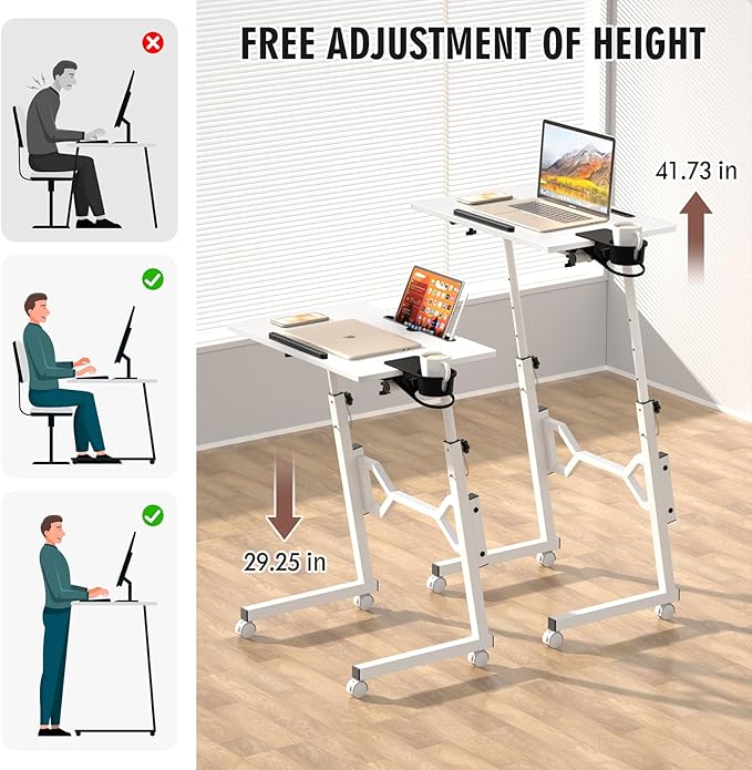 Small Standing Desk with Wheels Portable Treadmill Desk Rolling Desk Adjustable Height for Laptop Mobile Standing Table for Walking Pad Bedside Table