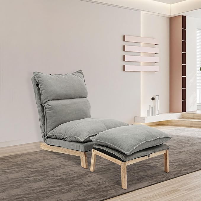 Single Lazy Sofa Lounge Chair with Footstool 5-Position Reclining Comfort for Living Room Balcony Japanese Tatami Floor Recliner Modern Leisure Recliner Indoor Use Grey