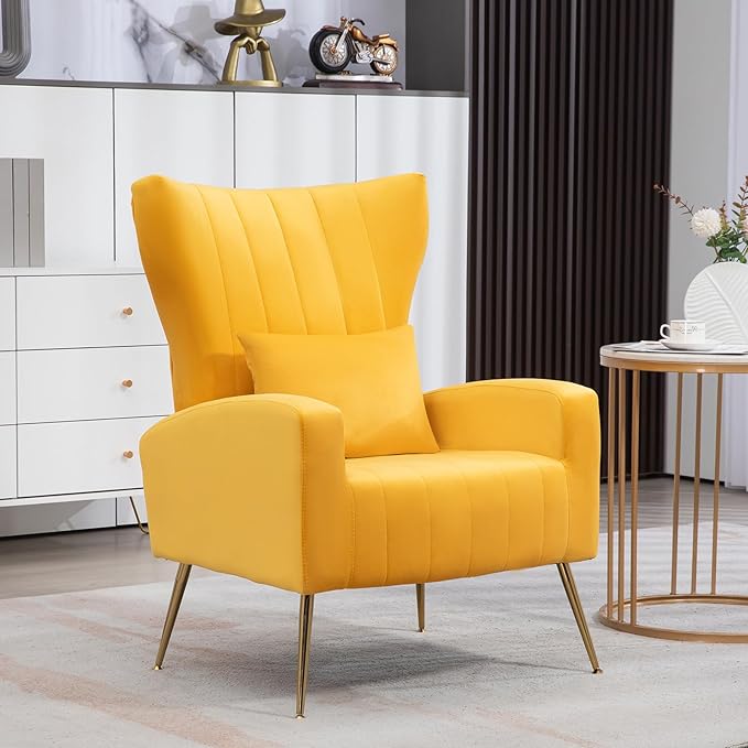 Living Room Chairs Set of 2 Modern Velvet Accent Chairs with Lumbar Pillow High Back Armchair Arm Chairs with Gold Metal Legs for Bedroom Yellow