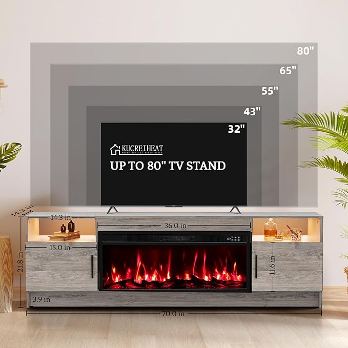 Fireplace TV Stand with 36 Fireplace Up to 80 TV 70 Entertainment Center with LED Lights Remote Control TV Media Console with Storage Cabinets for Living Room Grey