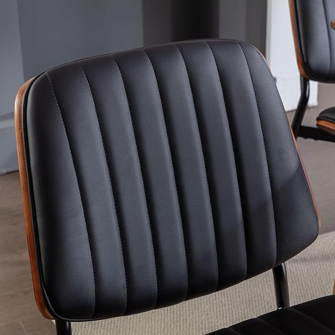 Dining Chairs Set of 2 Mid Century Modern Retro Faux Leather Chair with Walnut Bentwood Back Upholstered Seat Metal Legs Adjustable Foot for Kitchen Dining Room Chairs (Black)
