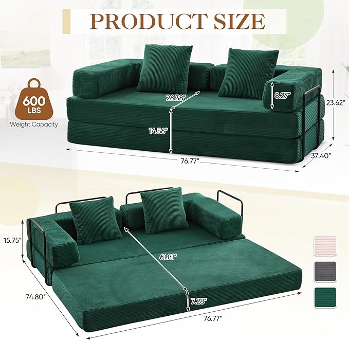 Antetek Modular Futon Sofa Bed Convertible Folding Corduroy Comfy Memory Foam Floor 3 Seater Loveseat Sleeper Sofa Couch Bed Chaise Lounge with 2 Pillows for Guest Room Living Room Office Green